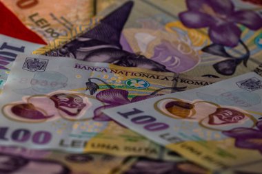 Seçici olarak bir yığın LEI Romen parasına odaklan. İzole edilmiş banknotlar..