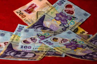 Seçici olarak bir yığın LEI Romen parasına odaklan. İzole edilmiş banknotlar..