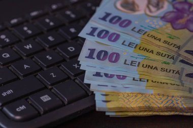 Lei klavyeye para basar. LEI Romanya 'nın para yığınına seçici odaklanma.