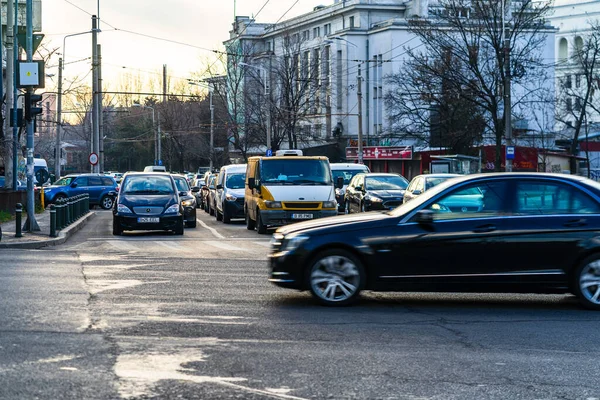 Autoverkehr Berufsverkehr Der Innenstadt Autoverschmutzung Stau Morgens Und Abends Der — Stockfoto