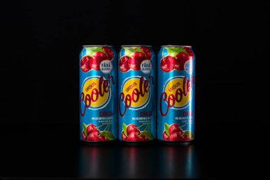 Ursus Cooler bira kutuları siyaha izole edilmiş. Bükreş, Romanya, 2021