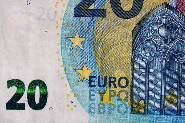 Selektywny Nacisk Szczegóły Dotyczące Banknotów Euro Zbliżenie Makro Detale Banknotów — Zdjęcie stockowe