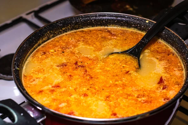 Preparation Soup Chicken Vegetables Close Boiling Soup Selective Focus — Stock Photo, Image