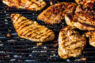 Kömür mangalında ızgara tavuk ve domuz eti. Kamp manzarası, lezzetli barbekü, yemek konsepti, ızgaradaki yemek ve ızgaradaki yemeğin ayrıntıları.