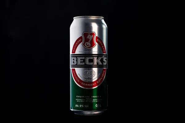 Beck Beer Can Isolated Black Background Bucharest Romania 2020 — Stock Photo, Image