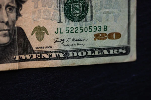 有选择地关注20美元钞票的细节 密切关注货币钞票的宏观细节 孤立美元 世界货币概念 通货膨胀和经济概念 — 图库照片