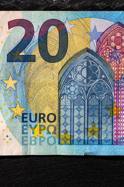 Selektywny Nacisk Szczegóły Dotyczące Banknotów Euro Zbliżenie Makro Detale Banknotów — Zdjęcie stockowe