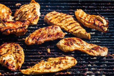 Kömür mangalında ızgara tavuk ve domuz eti. Kamp manzarası, lezzetli barbekü, yemek konsepti, ızgaradaki yemek ve ızgaradaki yemeğin ayrıntıları.