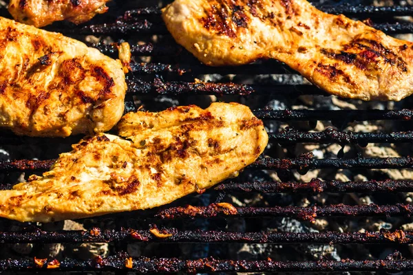 Chicken Pork Steak Grilled Charcoal Barbeque Top View Camping Tasty — Stock Photo, Image