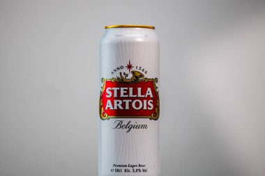 Harika Belçika birası, Stella Artois. Belçika birası birası kutusu. Romanya, Bükreş 'te stüdyo fotoğraf çekimi, 2020