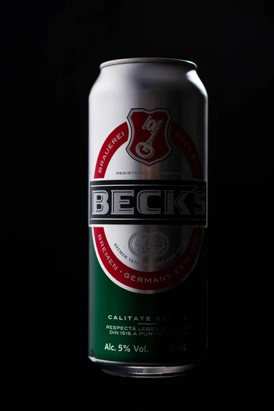 Beck Beer Can Isolated Black Background Bucharest Romania 2020 — Stock Photo, Image