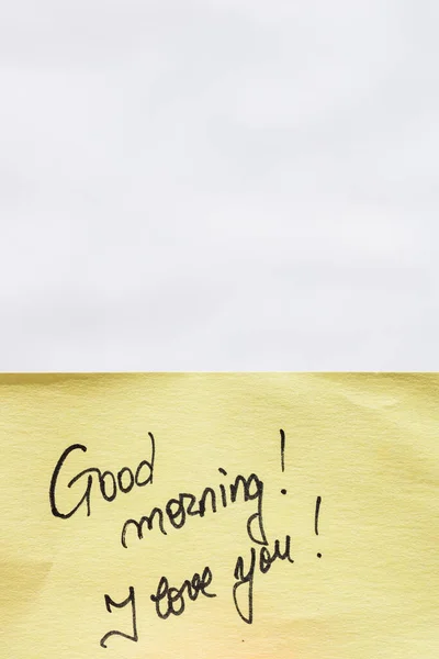 Good Morning Love You Handwriting Text Close Isolated Yellow Paper — Stock Photo, Image