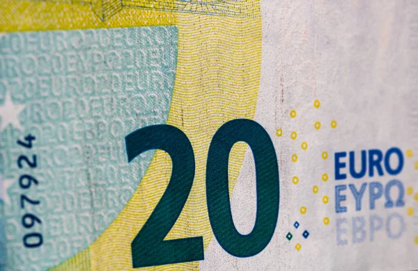 Selektywny Nacisk Szczegóły Dotyczące Banknotów Euro Zbliżenie Makro Detale Banknotów — Zdjęcie stockowe