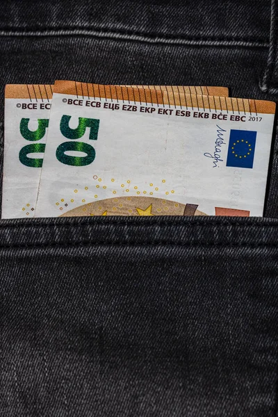 Banconote Soldi Una Tasca Dei Jeans Vicino Soldi Spuntano Dalla — Foto Stock
