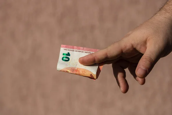 Manos Hombre Dando Dinero Como Soborno Propinas Billetes Euros Mantenidos — Foto de Stock