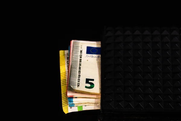Billets Euros Dans Portefeuille Noir Isolé — Photo