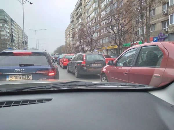 Road View Car Windshield Cars Road Traffic Bucharest Roménia 2021 — Fotografia de Stock