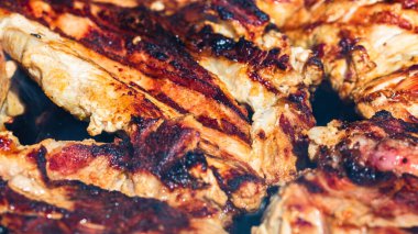 Kömür mangalında ızgara tavuk ve domuz eti. Kamp manzarası, lezzetli barbekü, yemek konsepti, ızgaradaki yemek ve ızgaradaki yemeğin ayrıntıları.