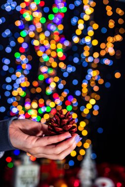 Arka planda bulanık ışıklarla izole edilmiş Noel çam kozalağı süslemeleri. Aralık sezonu, Noel kompozisyonu.