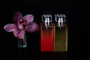 Siyah arkaplanda izole edilmiş renkli parfüm şişeleri.