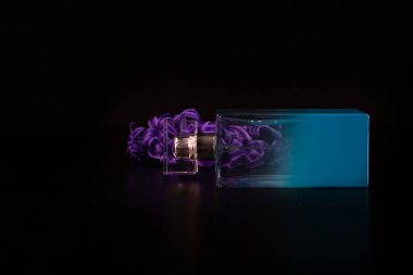 Siyah arka planda izole edilmiş şık bir parfüm şişesi..