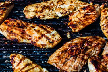 Kömür mangalında ızgara tavuk ve domuz eti. Kamp manzarası, lezzetli barbekü, yemek konsepti, ızgaradaki yemek ve ızgaradaki yemeğin ayrıntıları.