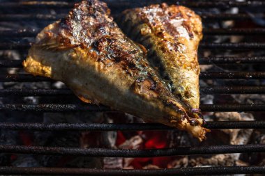 Kömür ızgarasında ızgara uskumru ve duman..