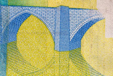 Avro banknotlarının detaylarına özen göster. Para banknotlarının makro detaylarını kapat, 20 Euro izole edilmiş. Dünya para kavramı, enflasyon ve ekonomi kavramı