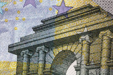 Avro banknotlarının detaylarına özen göster. Para banknotlarının makro detaylarını kapat, 5 Euro izole edilmiş. Dünya para kavramı, enflasyon ve ekonomi kavramı