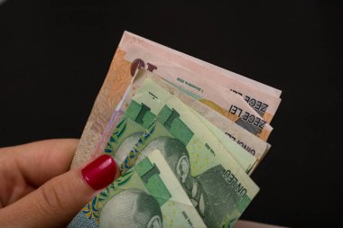 LEI banknotlarının detaylarına özen göster. Rumen LEI banknotları saymak veya vermek. Dünya para kavramı, enflasyon ve ekonomi kavramı