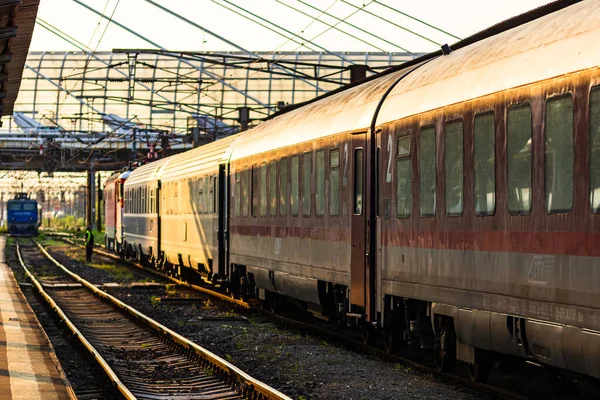 Detalj Tåg Rörelse Tågplattformen Vid Bukarests Norra Järnvägsstation Gara Nord — Stockfoto