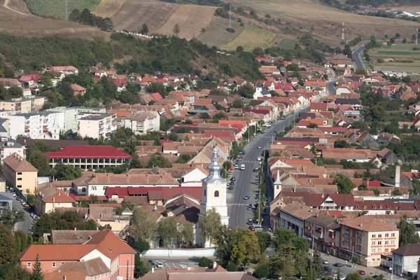 Vista Aérea Centro Cidade Com Colinas Edifícios Ruas Vegetação Arredores — Fotografia de Stock