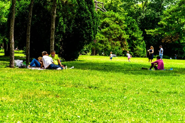 Pessoas Que Fazem Piquenique Relaxando Divertindo Durante Crise Coronavírus Parque — Fotografia de Stock