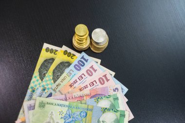 LEI banknotlarının detaylarına özen göster. Rumen LEI banknotları saymak veya vermek. Dünya para kavramı, enflasyon ve ekonomi kavramı