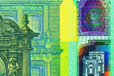 EURO banknotlarının detaylarına özen göster. EURO banknotlarının makro detaylarını kapat. Dünya para kavramı, enflasyon ve ekonomi kavramı