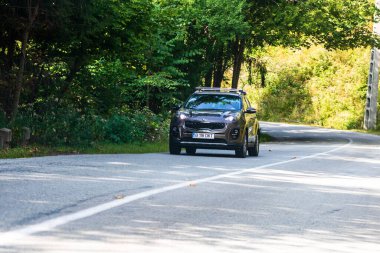 Romanya 'nın Bihor kentindeki asfalt dağ yolunda hareket halindeki bir araba.