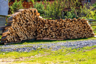 Kesilmiş ve istiflenmiş ağaçlar. Kesme tahtası yığını.