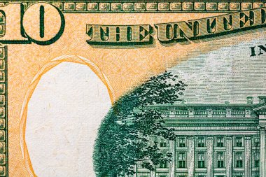 USD banknotlarının detaylarına özen göster. Birleşik Devletler dolar banknotlarının makro detaylarını kapat. Dünya para kavramı, enflasyon ve ekonomi kavramı