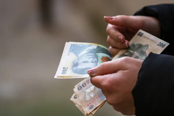 LEI banknotlarının detaylarına özen göster. Rumen LEI banknotları saymak veya vermek. Dünya para kavramı, enflasyon ve ekonomi kavramı