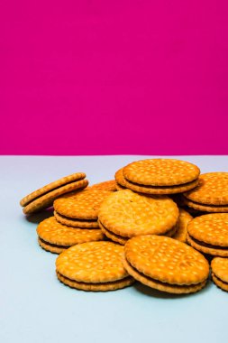 Çikolata kremalı yuvarlak bisküviler, çikolatalı bisküviler izole edilmiş..