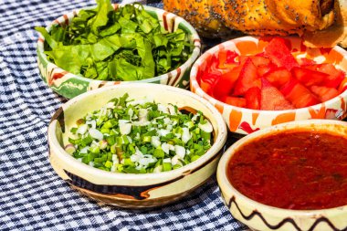 Çeşitli salata malzemeleri, domates sosu, lezzetli kızarmış yumurta ve sağlıklı kahvaltı için çiğ sebze.