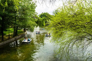 Cismigiu Park, Bükreş, Romanya 'da 2020' de göl kenarındaki pedallı teknedeki insanlar. İnsanlar karantina ve koronavirüs kısıtlamalarından sonra parkta yürüyor, eğleniyor, eğleniyor..