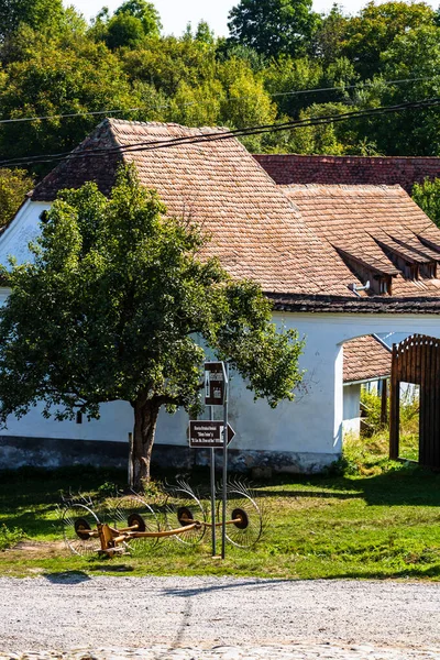 Vista Del Pintoresco Pueblo Viscri Rumania Casas Antiguas Tradicionales Pintadas — Foto de Stock