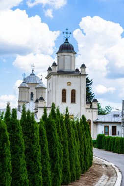 Pasarea Manastırı, Ortodoks Kilisesi mimari detayları. Ortodoks kilisesi ve yeşil kilise bahçesi manzarası.