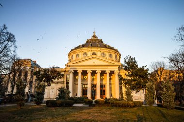 Detail view over the Romanian Athenaeum or Ateneul Roman, in the center of Bucharest capital of Romania clipart