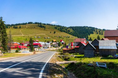 Romanya 'nın Bihor kentindeki dağlık yol kenar evleri ve ağaçların manzarası, 2021