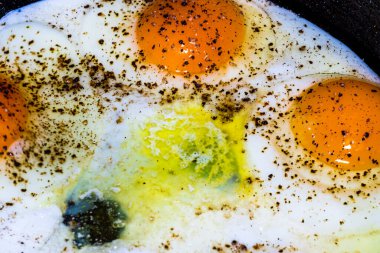 Kızarmış yumurta. Güneşli tarafı ya da yağda yumurta. Kahvaltı için bir çiftçi pazarından yemek malzemeleri.