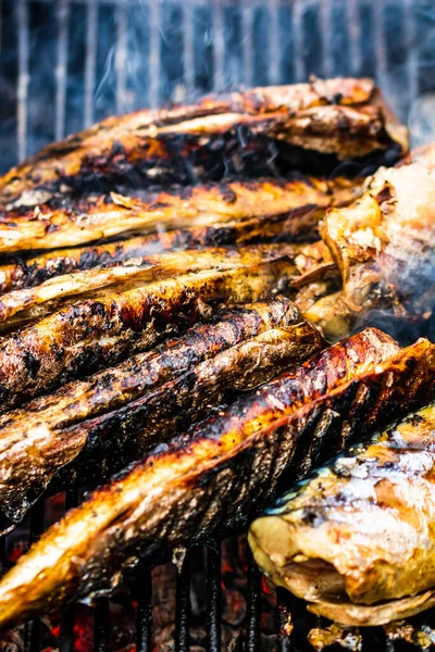 Peixe Grelhado Grelha Carvão Churrasco Peixe Fresco — Fotografia de Stock