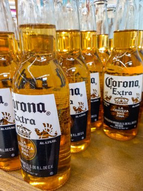 Corona Extra Birası şişeleri dünyanın en çok satan biralarından biri. Romanya, Bükreş, 2021 'de illüstrasyon editoryal fotoğraf çekimi