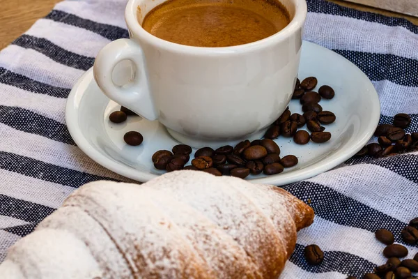 Puff Pastry Coffee Cup Buttered French Croissant Wooden Crate Food — Stock Photo, Image